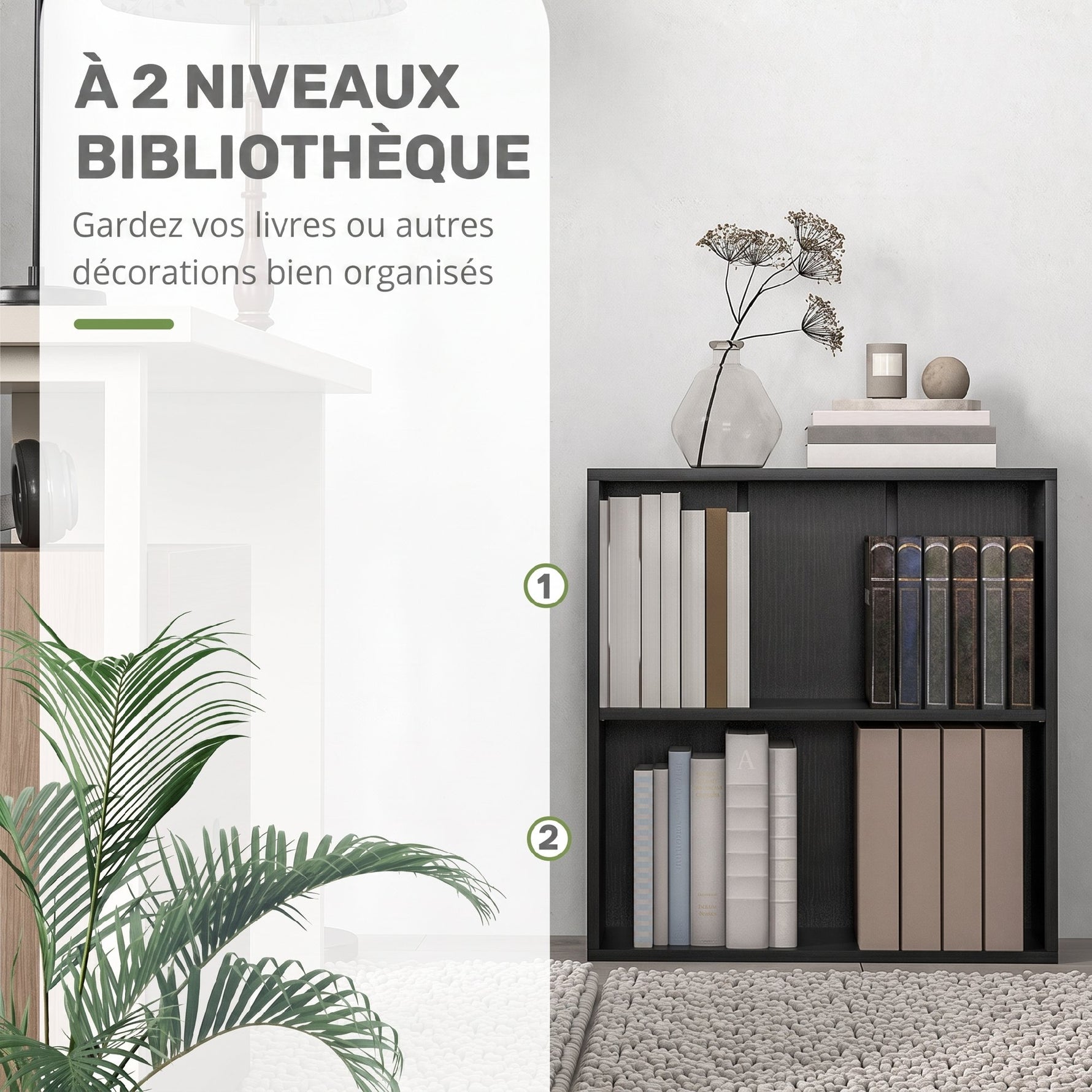 Bibliothèque étagère de rangement avec 2 compartiments et étagère réglable, 60 x 24 x 63 cm, noir