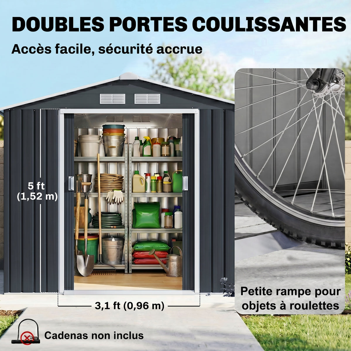 Abri de Jardin 2,42 m² - Remise pour Outils avec Fondation - cabanon Porte verrouillable - tôle d'acier Gris