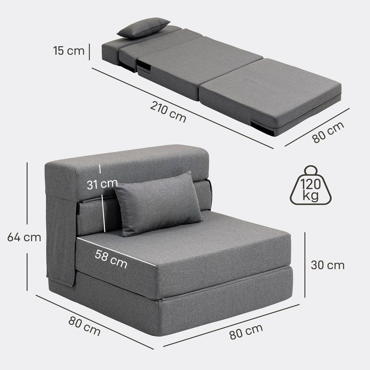 Fauteuil convertible 1 place fauteuil lit pliant, coussin inclus, pour invités, salon, petit espace, charge 120 kg, gris