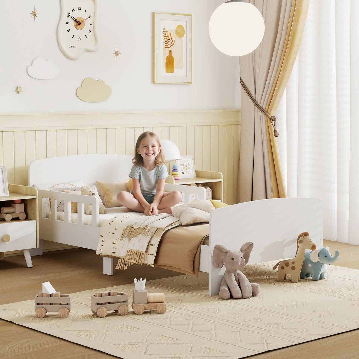 Lit enfant lit au sol enfant barrières de sécurité haut sommier à lattes et cadre robuste 143,5 x 74,2 x 54 cm blanc-1