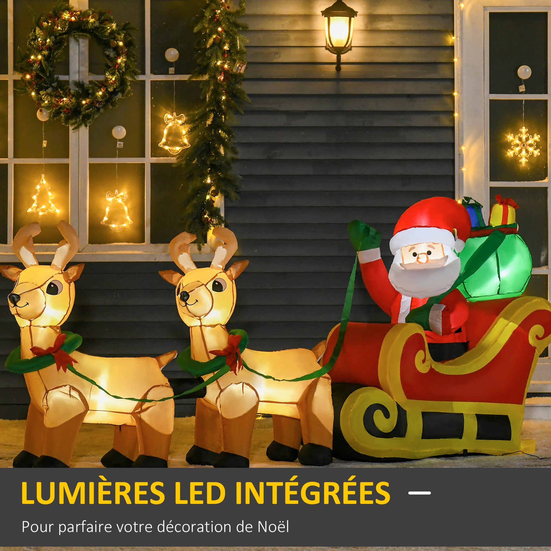 Père Noël Gonflable LED dim. 240L x 57l x 112H cm avec traîneau, Rennes, hotte 6 LED Polyester imperméable