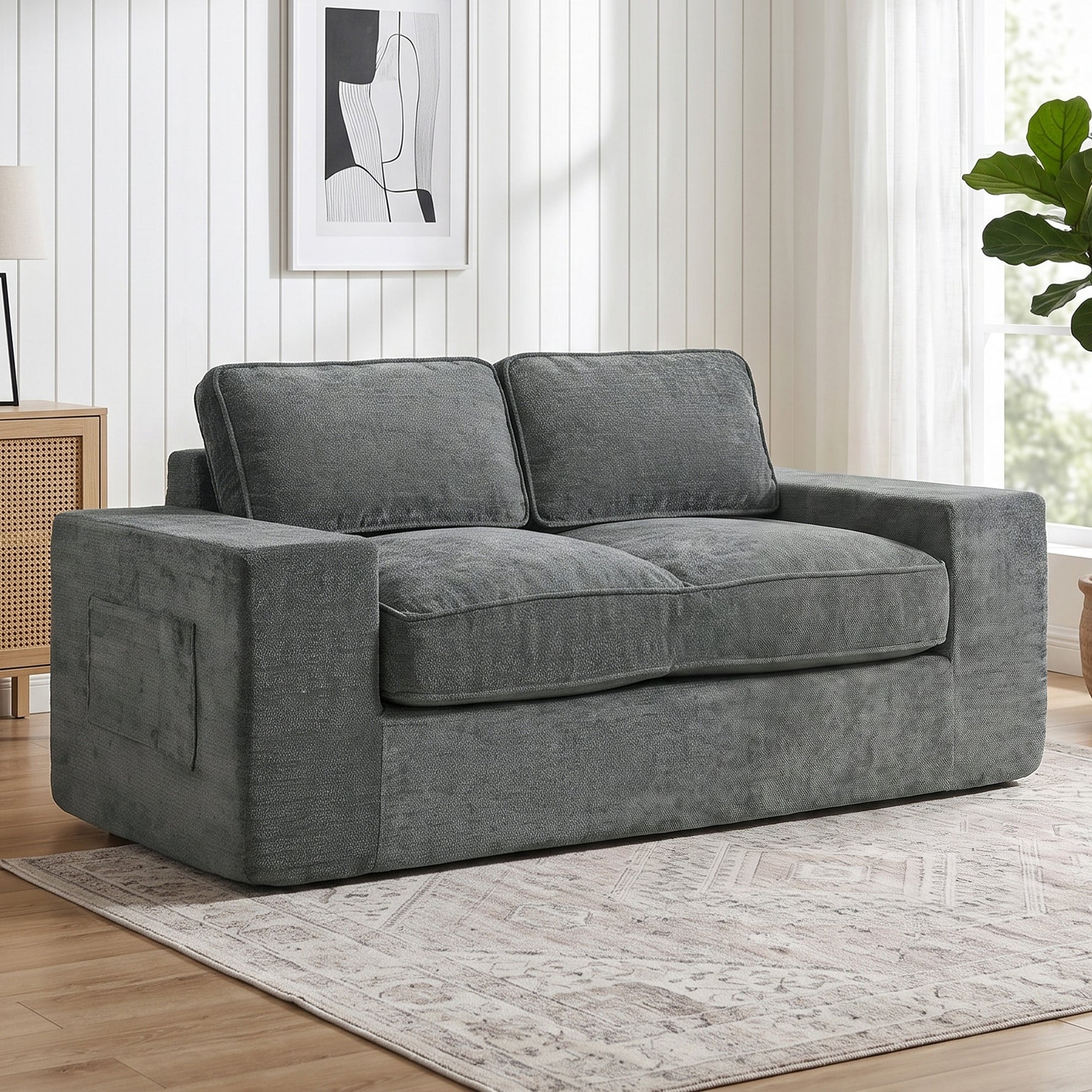 Canapé 2 Places en Chenille, Canapé de Salon 156 cm, Assise et Accoudoirs Larges Rembourrées, 2 Oreillers, Gris