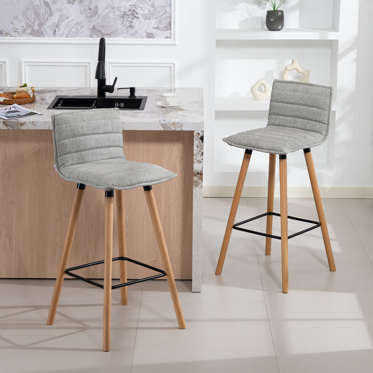 Lot de 2 tabourets de bar, chaises de bar, assise rembourrée, dossier et repose-pieds, 48 x 48 x 99,5 cm, gris