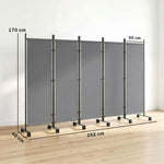 Paravent 5 Panneaux 252x170cm, Paravent Pliant avec 12 Roulettes et Clips de Connexion, Acier et Polyester, Gris Foncé
