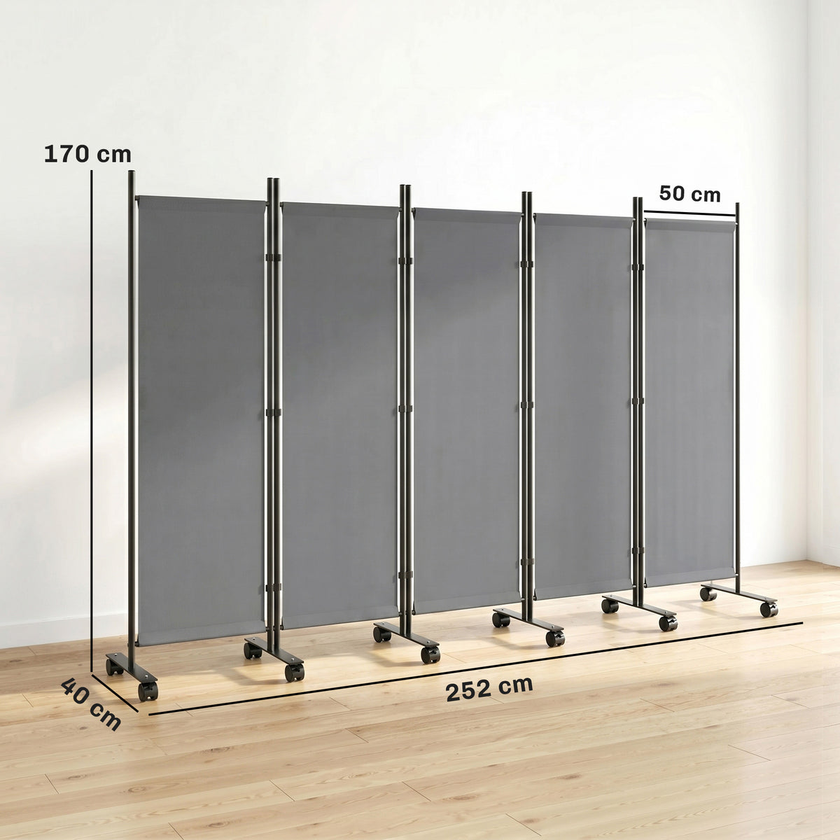 Paravent 5 Panneaux 252x170cm, Paravent Pliant avec 12 Roulettes et Clips de Connexion, Acier et Polyester, Gris Foncé