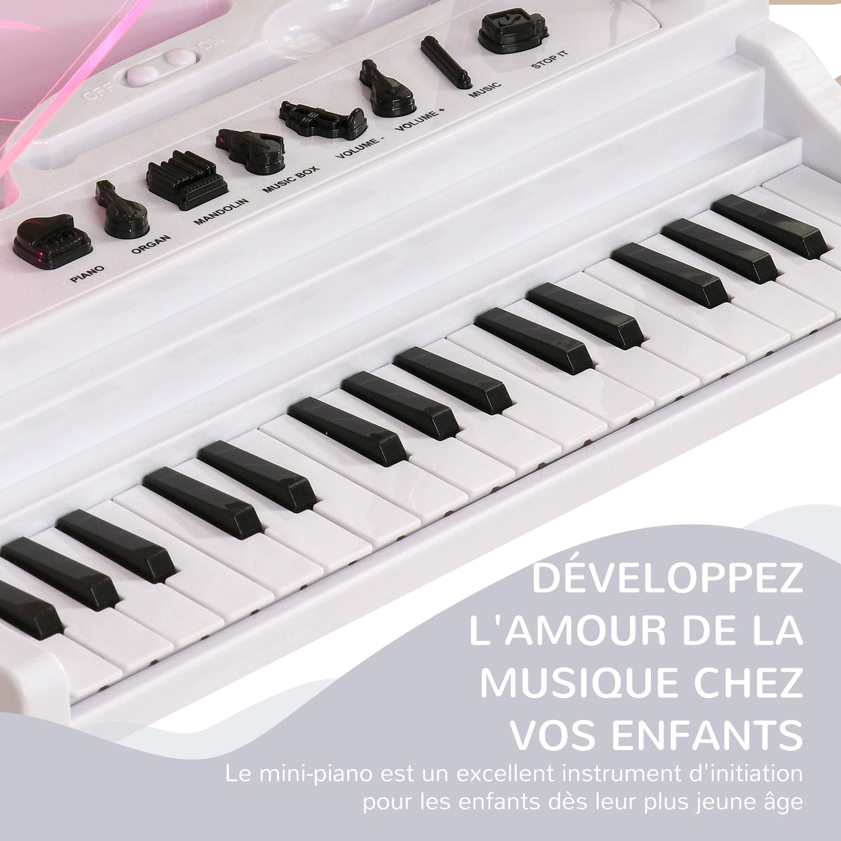 Piano enfant électronique 32 touches multifonctions avec micro haut parleur tabouret couvercle lumineux LED blanc