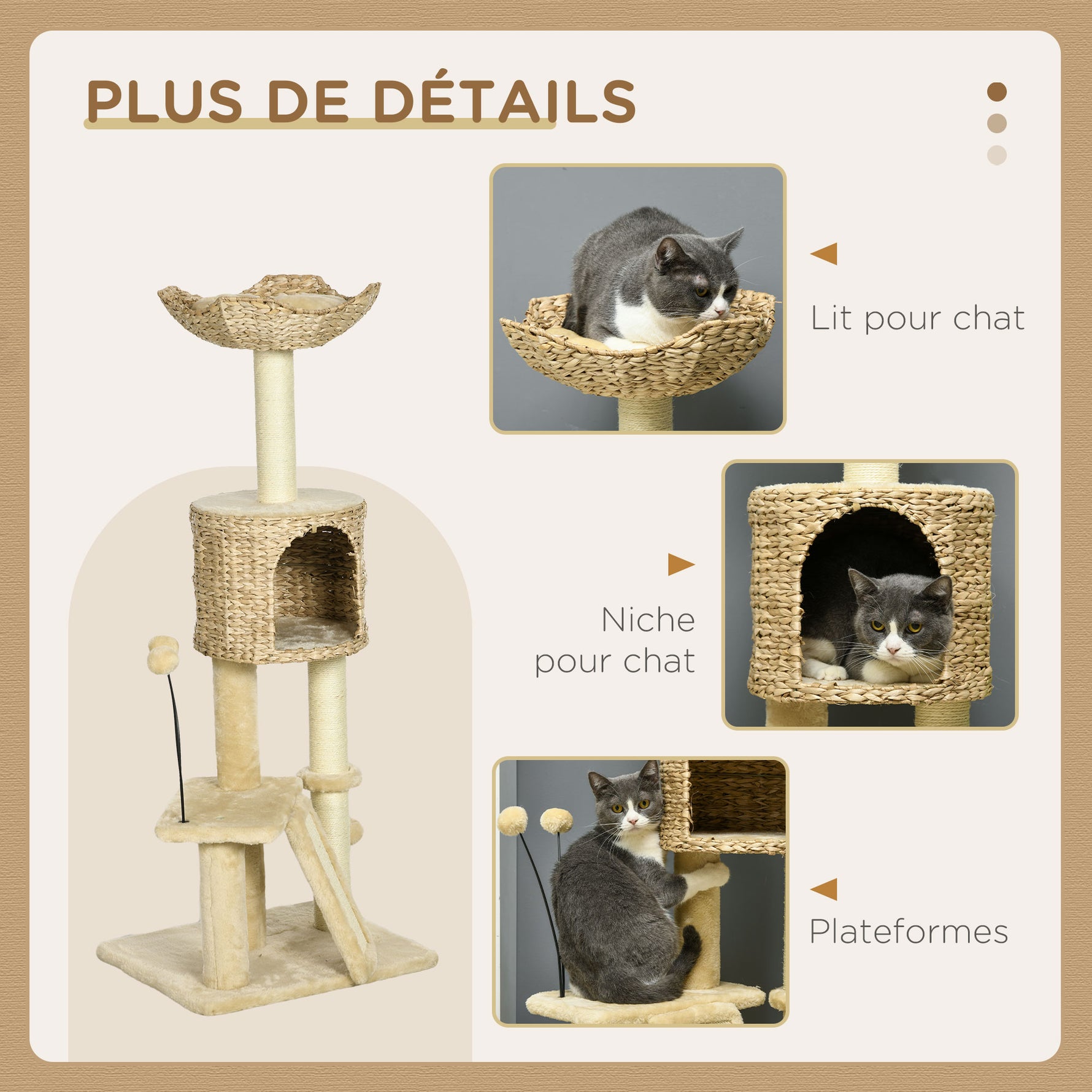Arbre à chat hauteur 116 cm niche panier plateformes pompons en peluche et jacinthe d'eau - beige