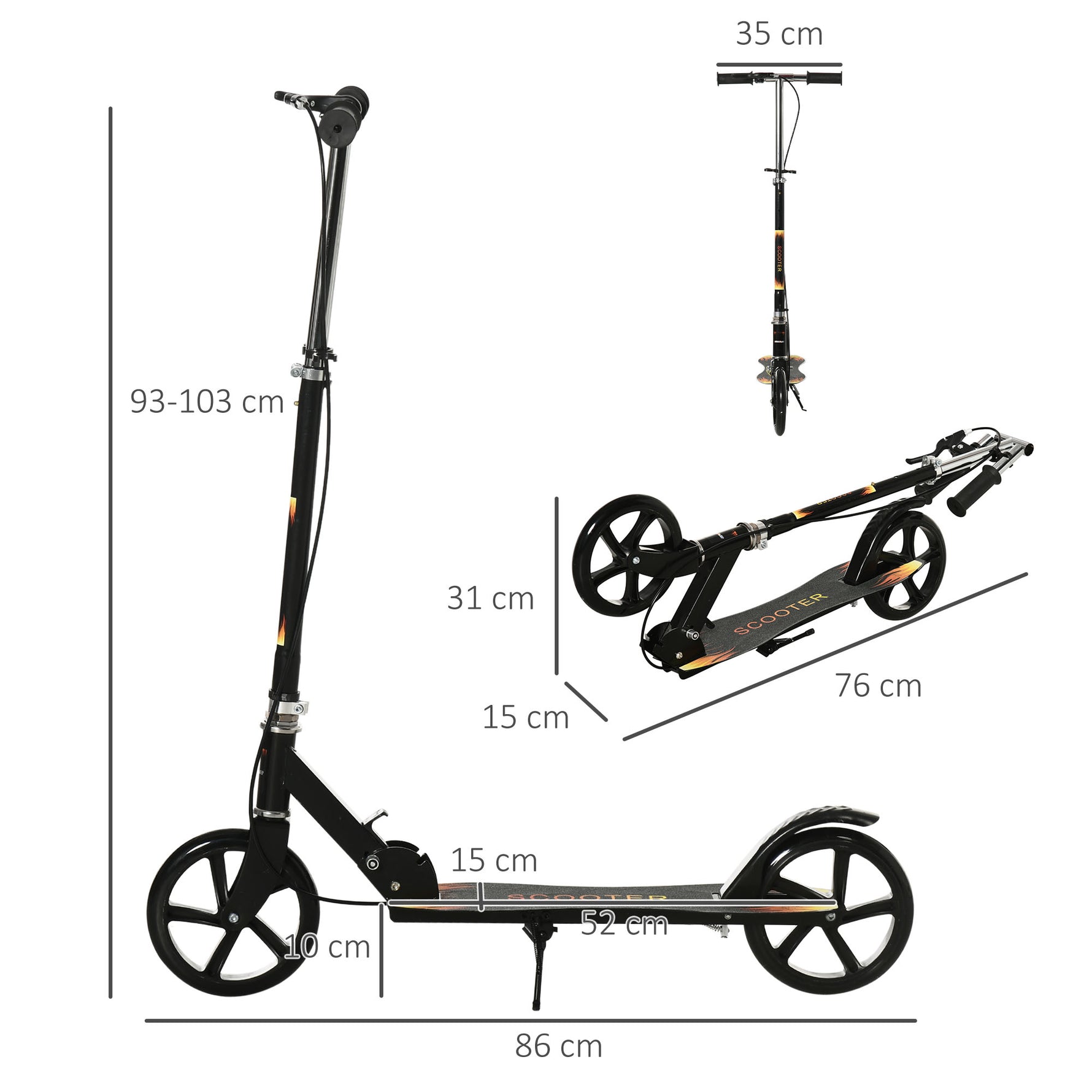 Trottinette pliable pour enfant avec guidon réglable en hauteur et double frein 86 x 35 x 93-103 cm noir