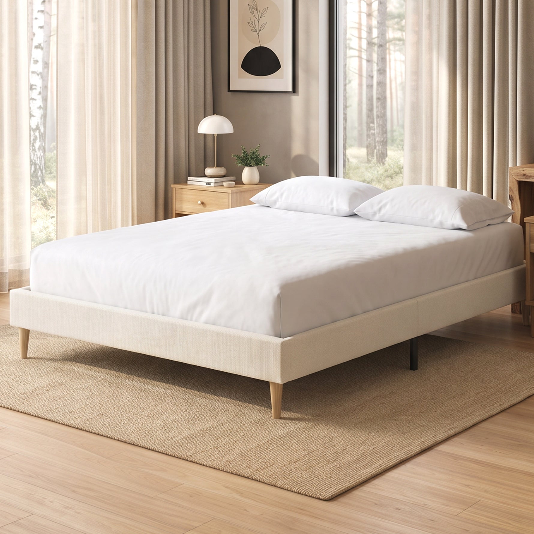 Cadre de Lit 140 x 190 cm avec Sommier, Lit Double Rembourré en Velours Côtelé, Espace de Rangement Au-Dessous, Crème