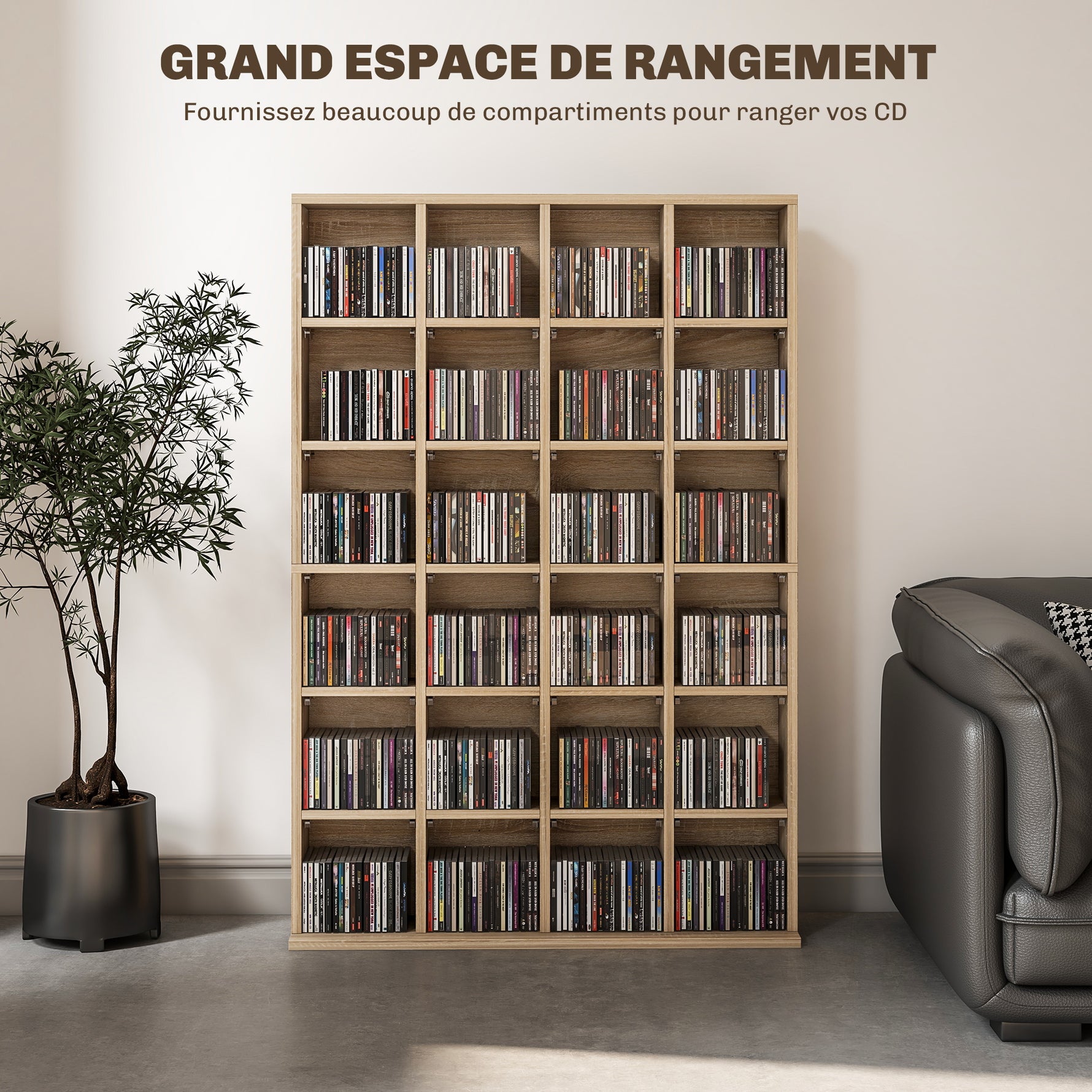 Meuble de rangement multimédia 456 CD/ 336 DVD - bibliothèque en bois avec étagères réglables 89 x 130,5 cm bois naturel
