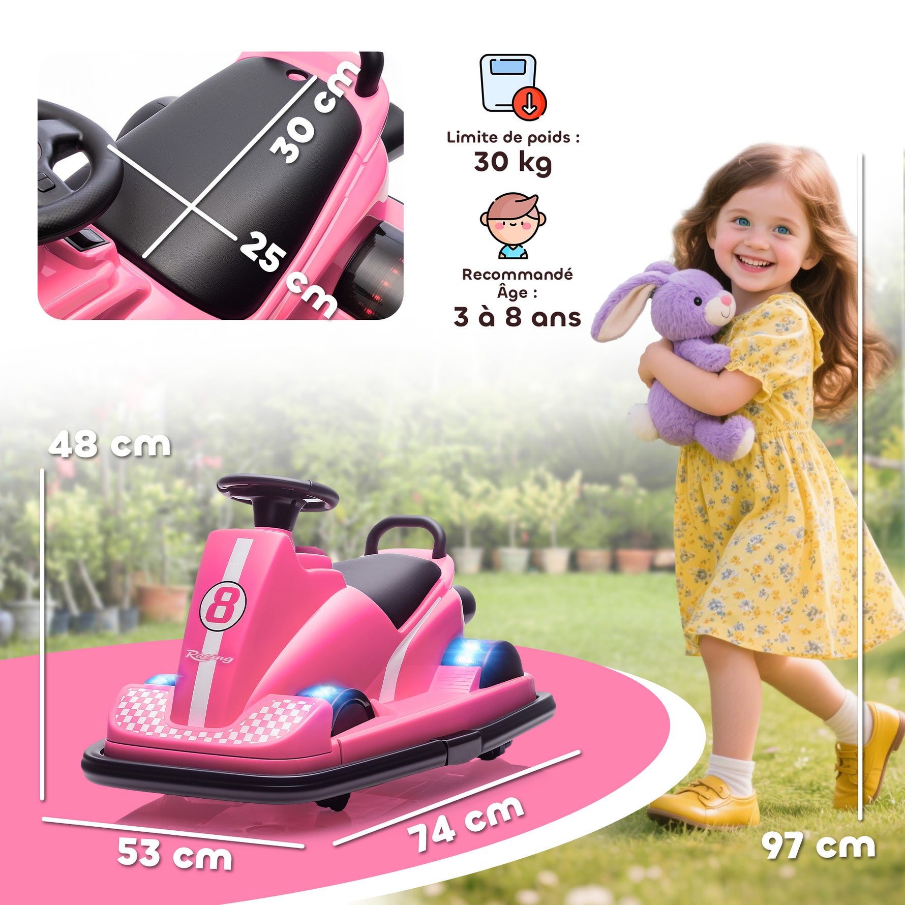 Auto-Tamponneuse Enfant 6V, Rotation à 360°, Musique, Klaxon, Démarrage Doux, 2,5 km/h, pour Âges 3-8, 74x53x48cm, Rose
