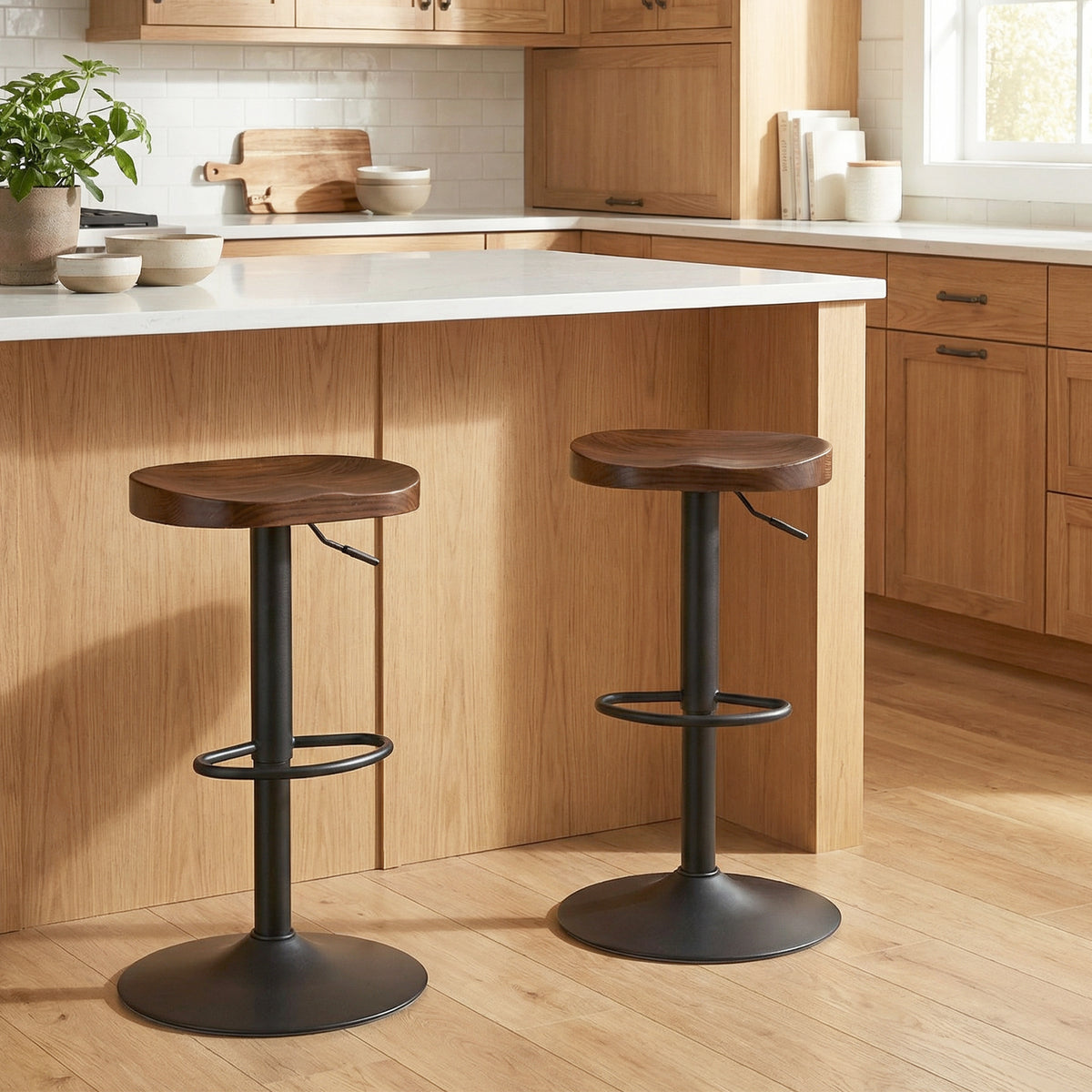 Tabourets de Bar Lot de 2 Réglables Pivotants Chaises de Cuisine avec Siège en Bois d'Orme Marron Foncé