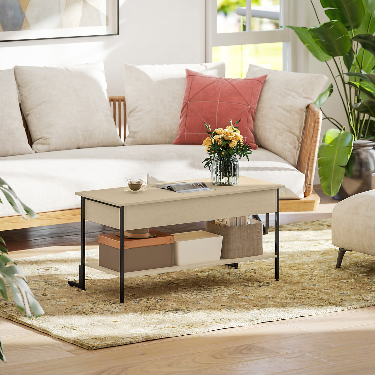 Table basse avec plateau relevable, table de salon avec compartiment caché et étagère ouverte, 95x40x59cm, bois naturel