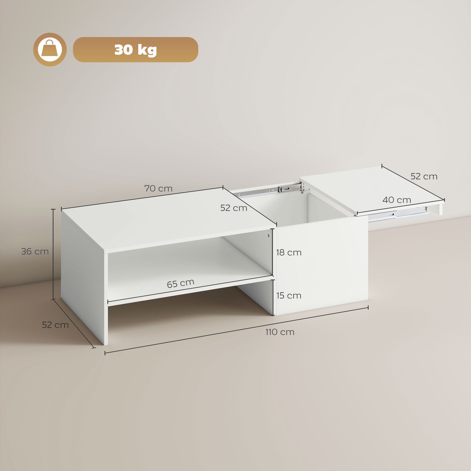Table basse rectangulaire, table d'appoint plateau coulissant, rangement caché, étagère ouverte, 110 x 52 x 36 cm, blanc