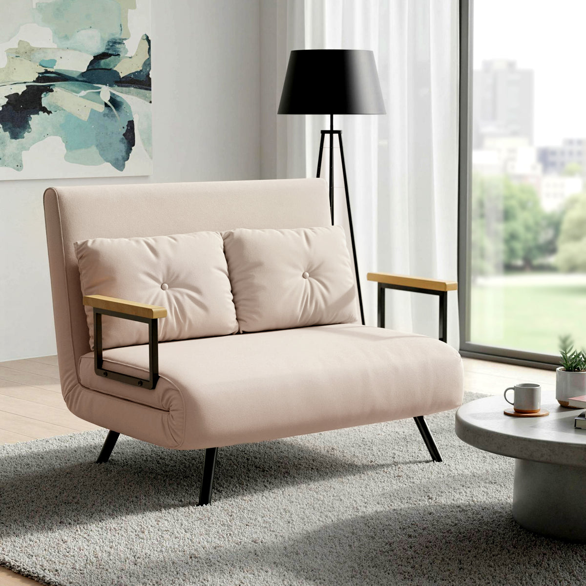Canapé convertible 2 places avec dossier réglable à 5 niveaux et 2 coussins rembourrés, revêtement effet velours, beige