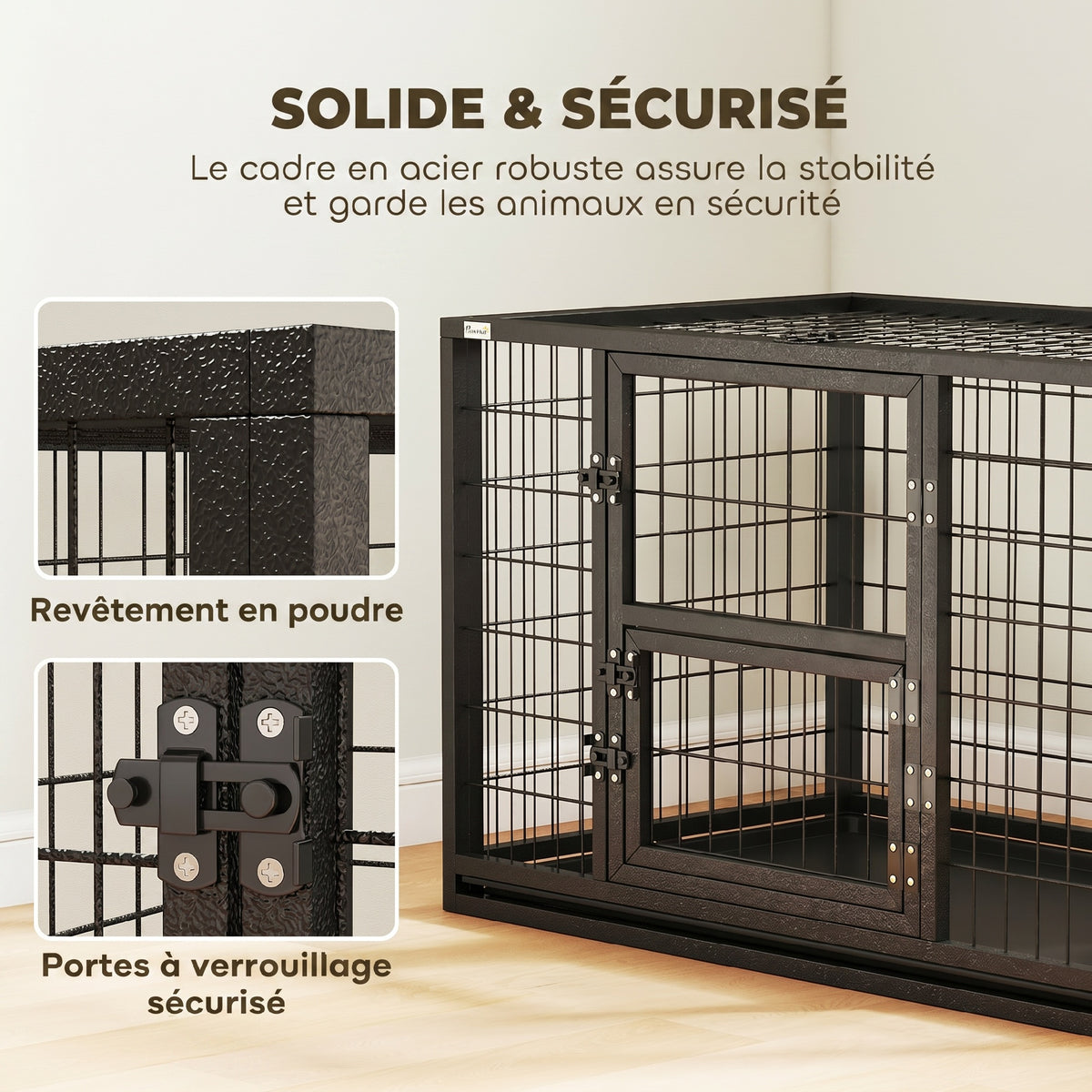 Jaula para perro resistente, caseta para interior con techo abatible y puerta de alimentación, acero, 94 x 60 x 64 cm, negro