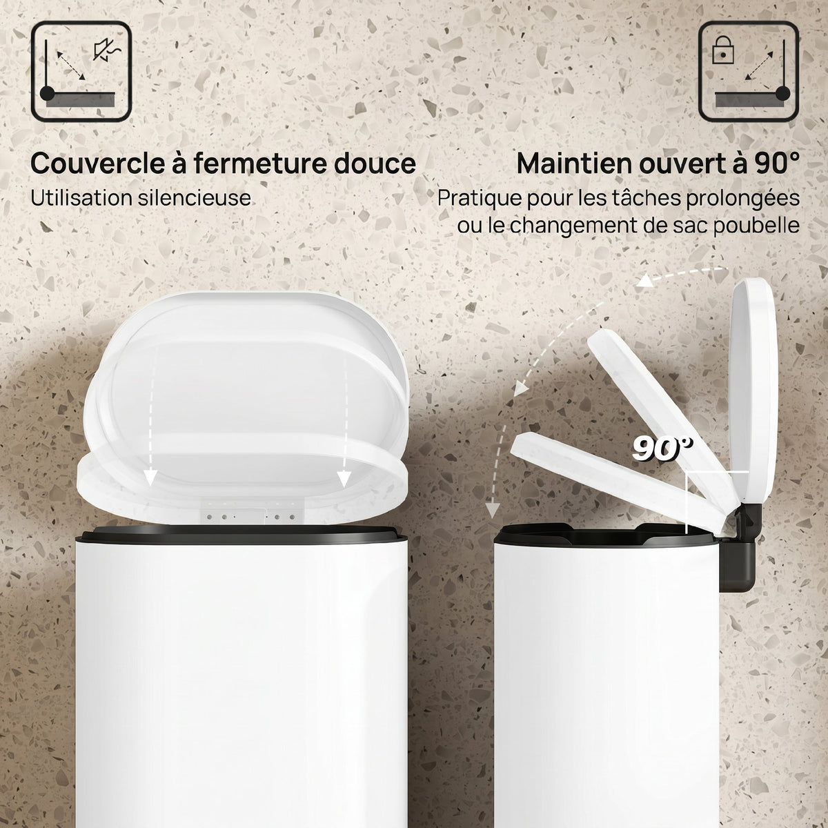 Poubelle cuisine 30L, poubelle à pédale, seau intérieur amovible, couvercle à fermeture douce, 36,5x31x61cm, blanc
