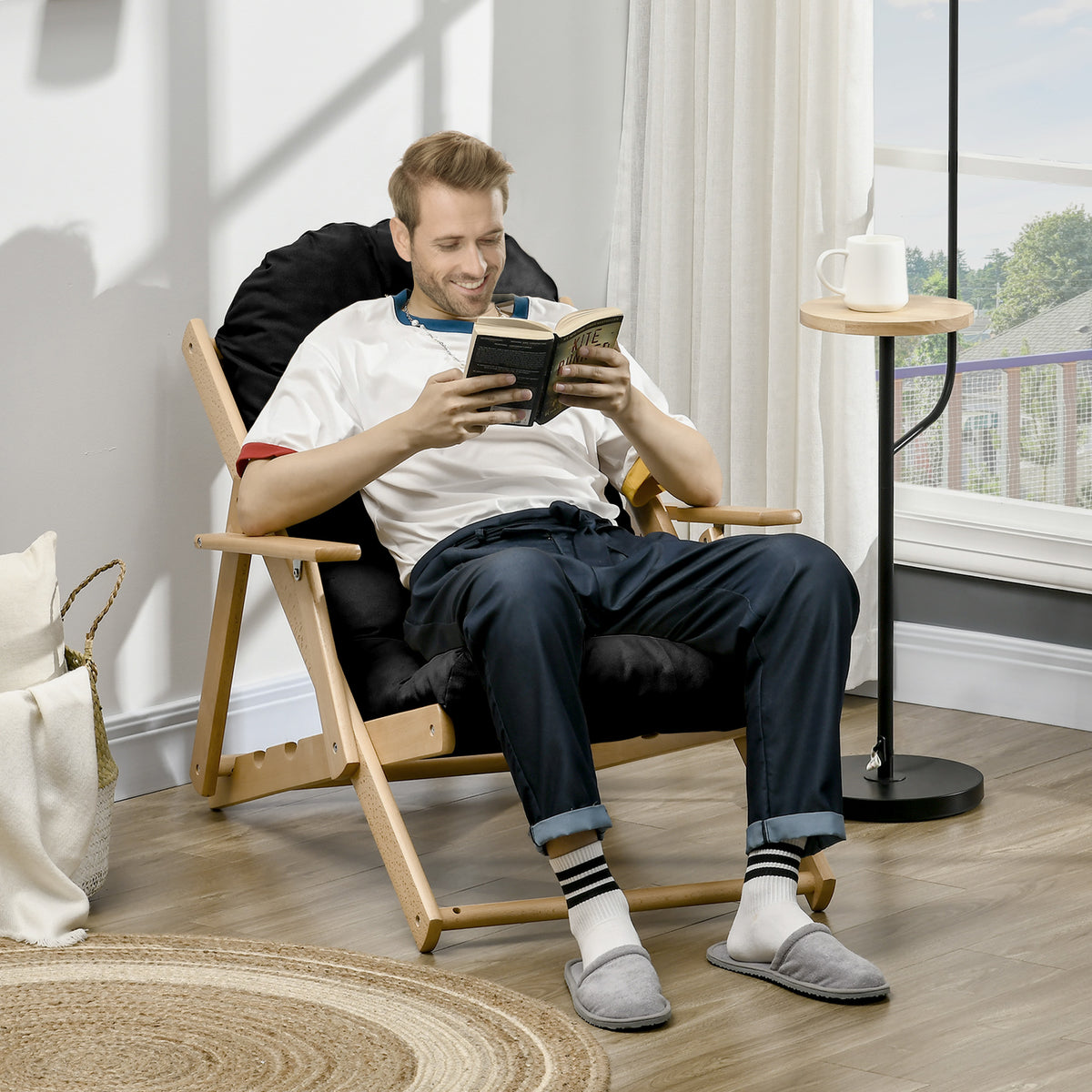 Fauteuil Chaise de Salon Pliable et inclinable en Bois Fauteuil Relax Confortable avec Coussin capitonné épais