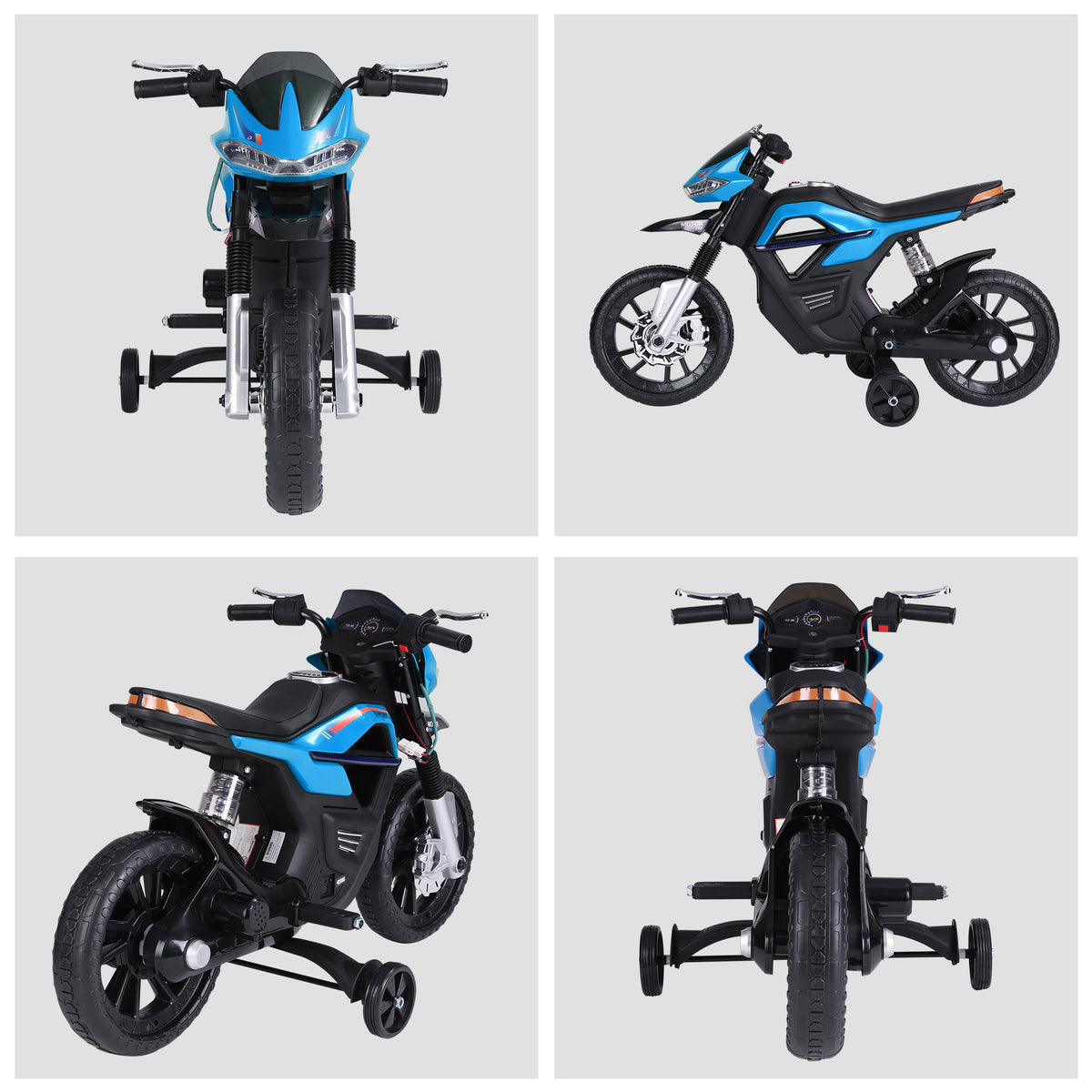 Moto elettrica per bambini 3-6 anni 25 W 6 V 3 km/h con luci e suoni, rotelle rimovibili, carico max 30 kg, blu