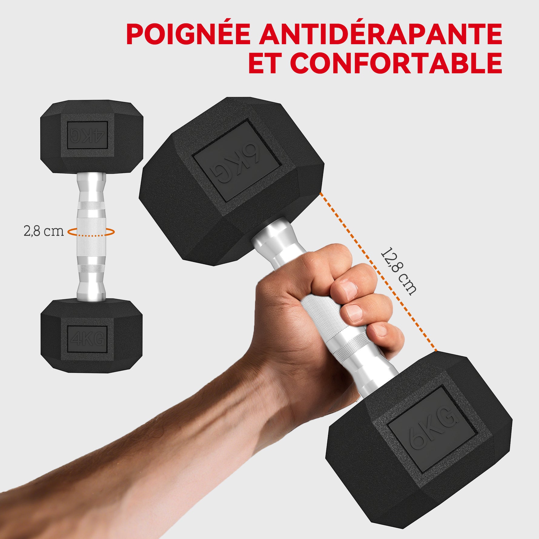 Ensemble d'Haltères Hexagonaux avec Support, Haltères Revêtus de Caoutchouc, Poignées Antidérapantes en Chrome, Noir