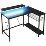Bureau d'angle réversible, bureau d'ordinateur avec LED, 2 prises et 2 ports USB et panier réglable, 107x80x90cm, noir