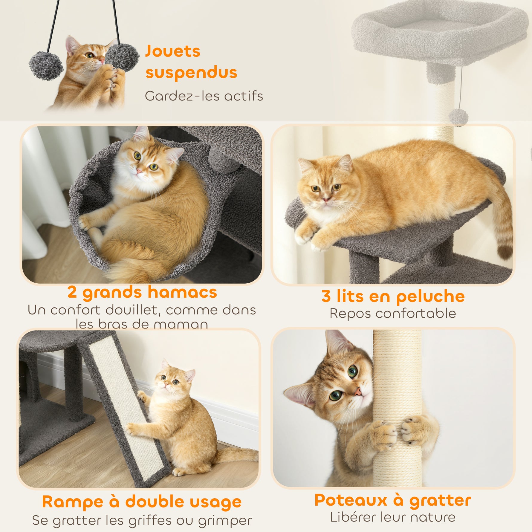Arbre à chat tour de jeux pour chat avec griffoir 3 lits 2 niches plateformes et 3 jouets suspendus hauteur 174 cm gris