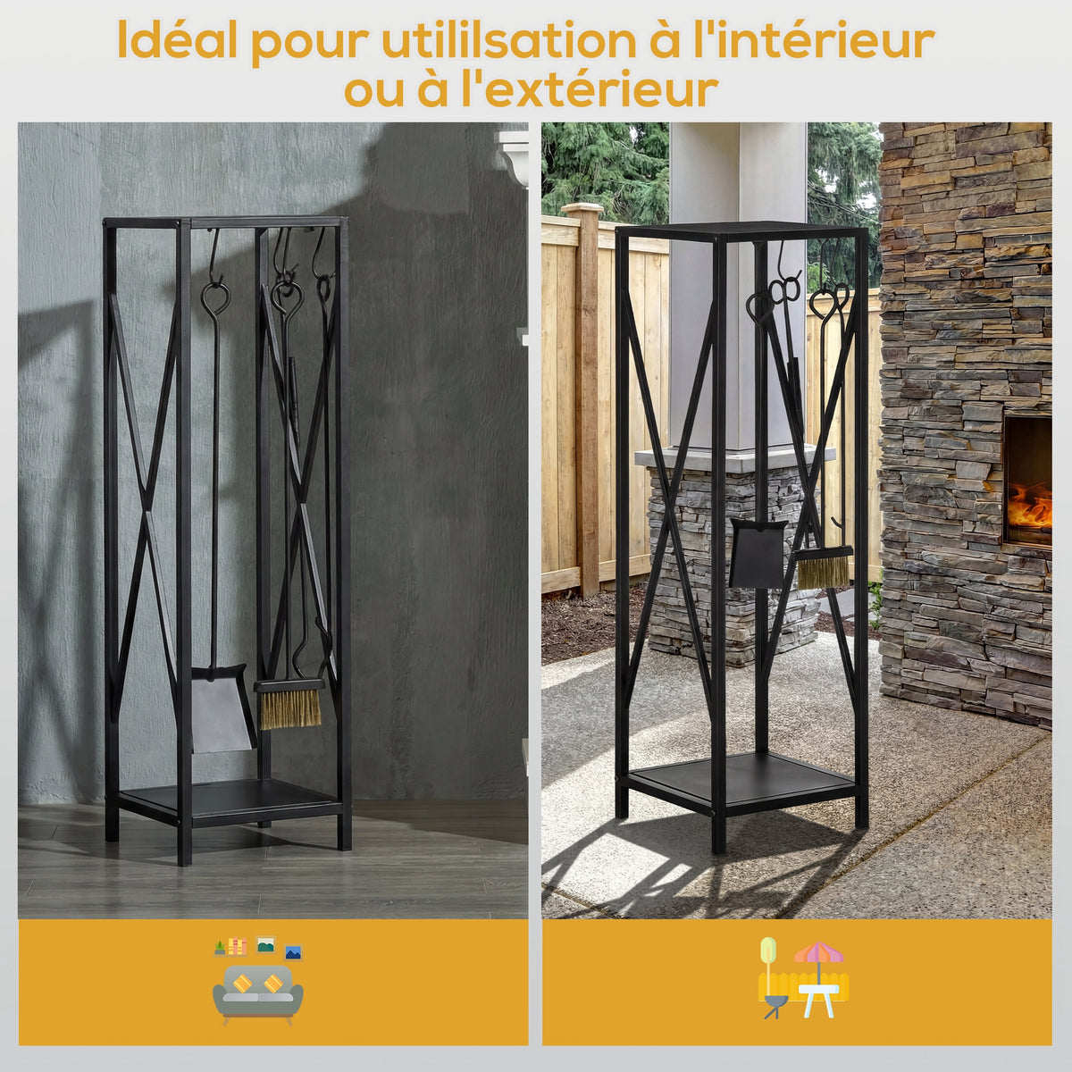 Porte bûches - Range bûches Serviteur de cheminée Colonne - Multi Accessoires dim. 34L x 34l x 111H cm métal Noir