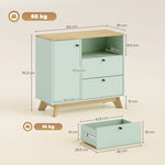 Buffet salon, meuble de rangement avec porte, 2 tiroirs, compartiment ouvert et étagère réglable, vert clair et chêne
