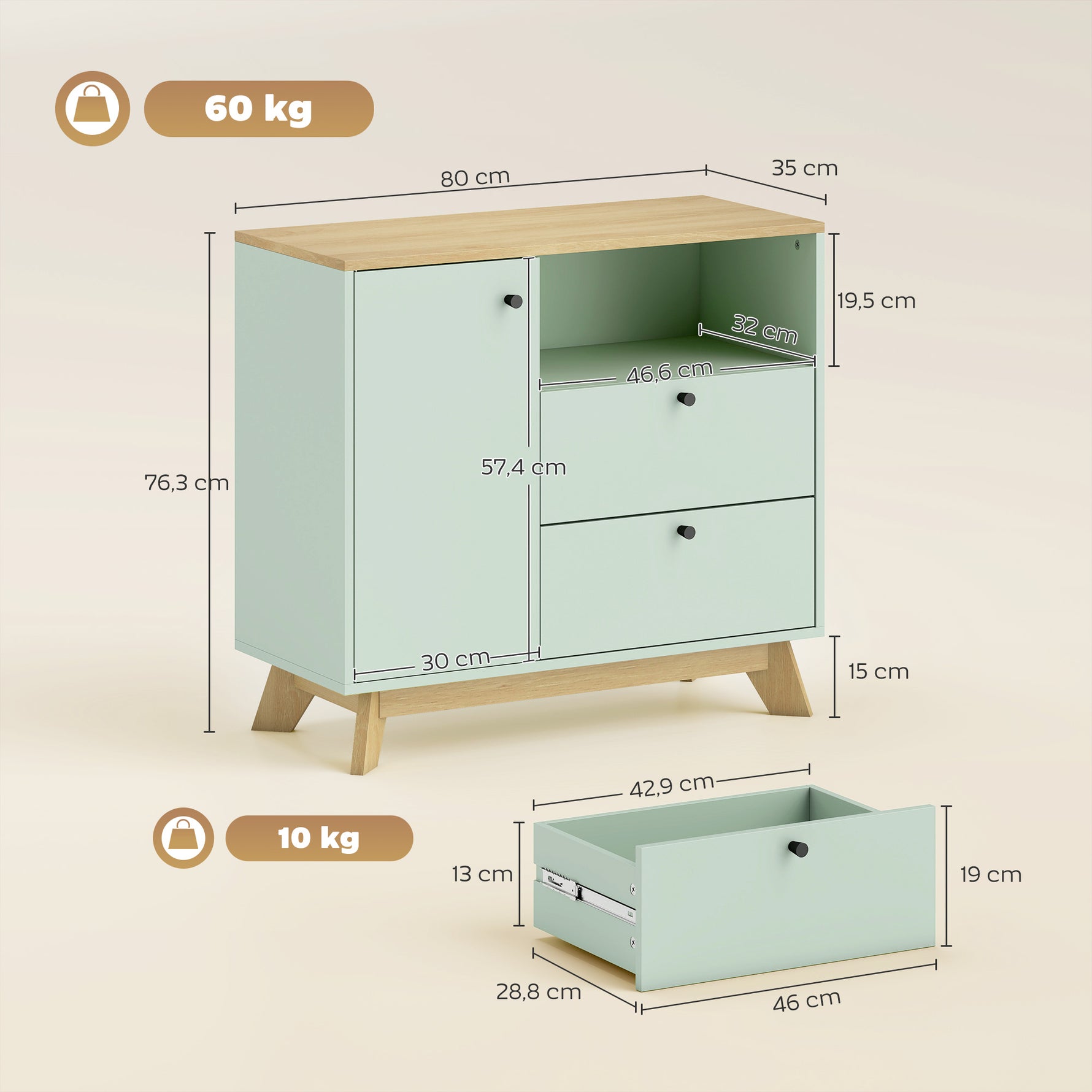 Buffet salon, meuble de rangement avec porte, 2 tiroirs, compartiment ouvert et étagère réglable, vert clair et chêne