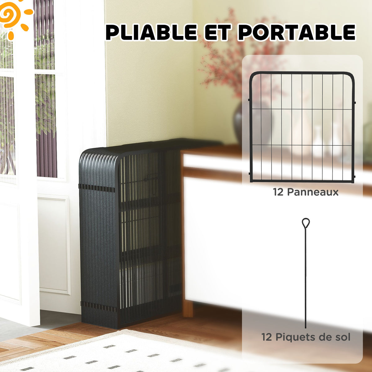 Parc pour chien enclos chien 12 panneaux modulable et pliable acier 2 portes pour chiot intérieur extérieur 60H cm noir