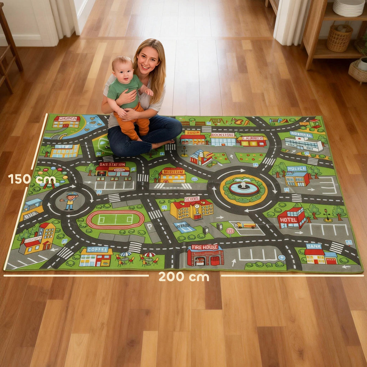 Tapis de jeu pour bébé, tapis de sol antidérapant, motif de route de la ville, 200 x 150 cm, multicolore