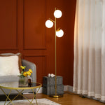 Lampadaire sur pied salon en métal avec 3 abat-jours globe blanc verre dépoli 40W Ø 27 x 169H cm doré