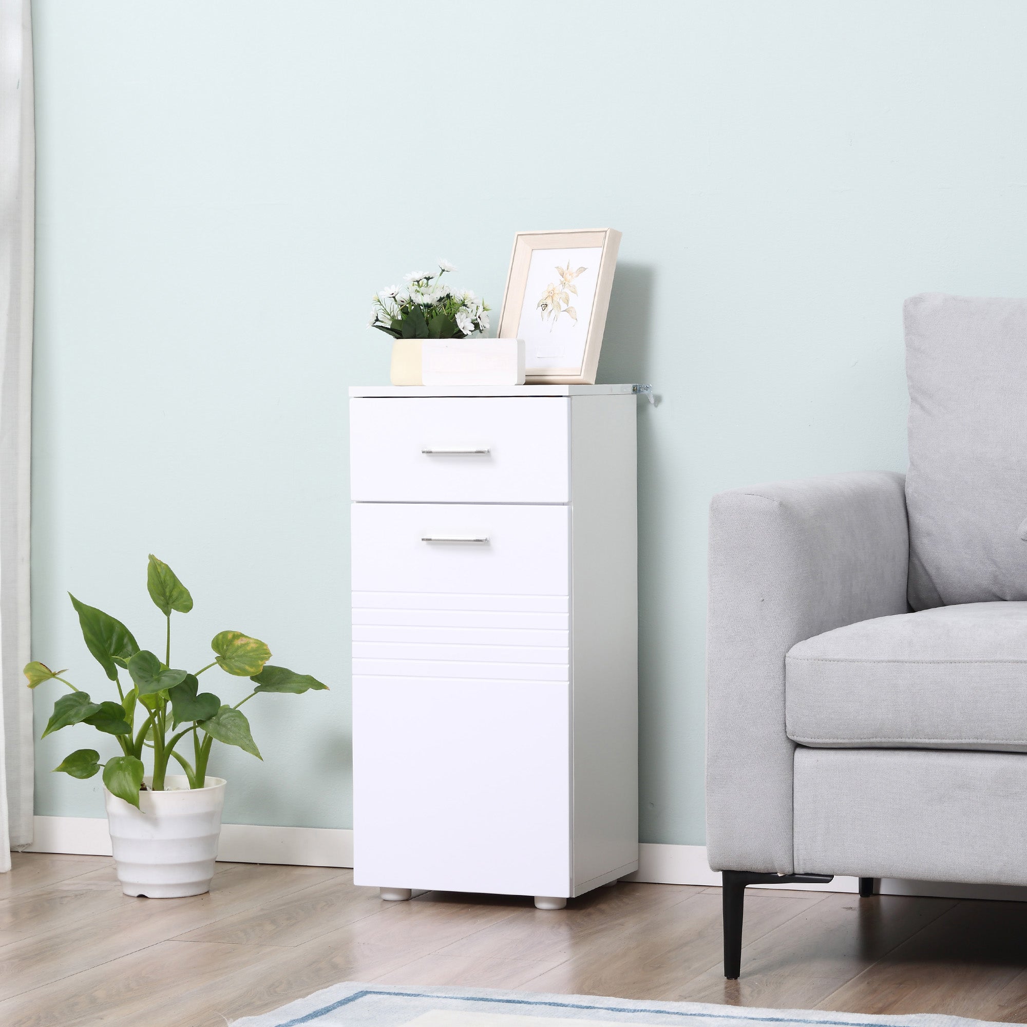 Mobiletto a colonna basso da bagno, armadietto con anta, ripiano e cassetto scorrevole in legno bianco