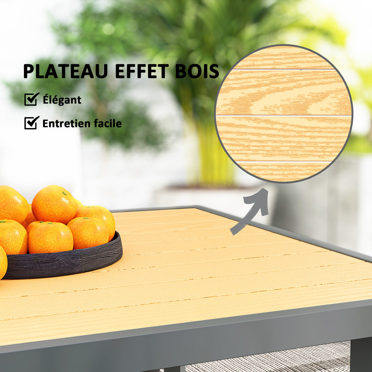 Table à manger de jardin pour 6 personnes table de jardin avec plateau effet bois en acier 150 x 90 x 72 cm bois naturel