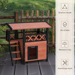 Buitenkattenhuis met terras, trap, dak, villa-nachthok, 77 x 50 x 73 cm bruin en rood