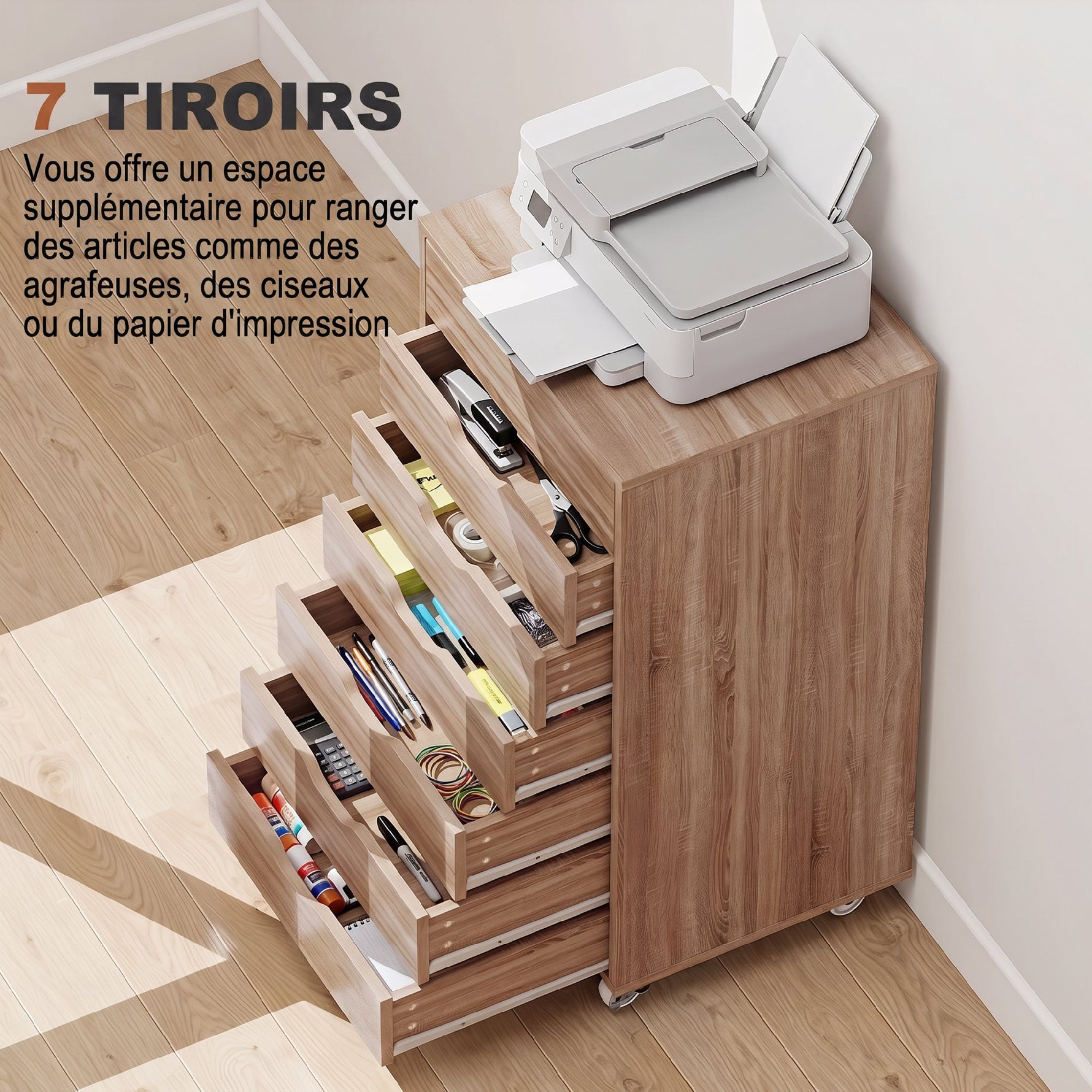 Caisson de bureau à roulette meuble rangement bureau avec 7 tiroirs organisateur pour documents, format A4 ou lettres