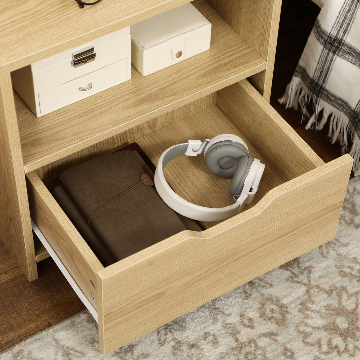 Table de chevet table de nuit avec tiroir, niche et étagères de rangement effet bois 45 x 35 x 73 cm naturel