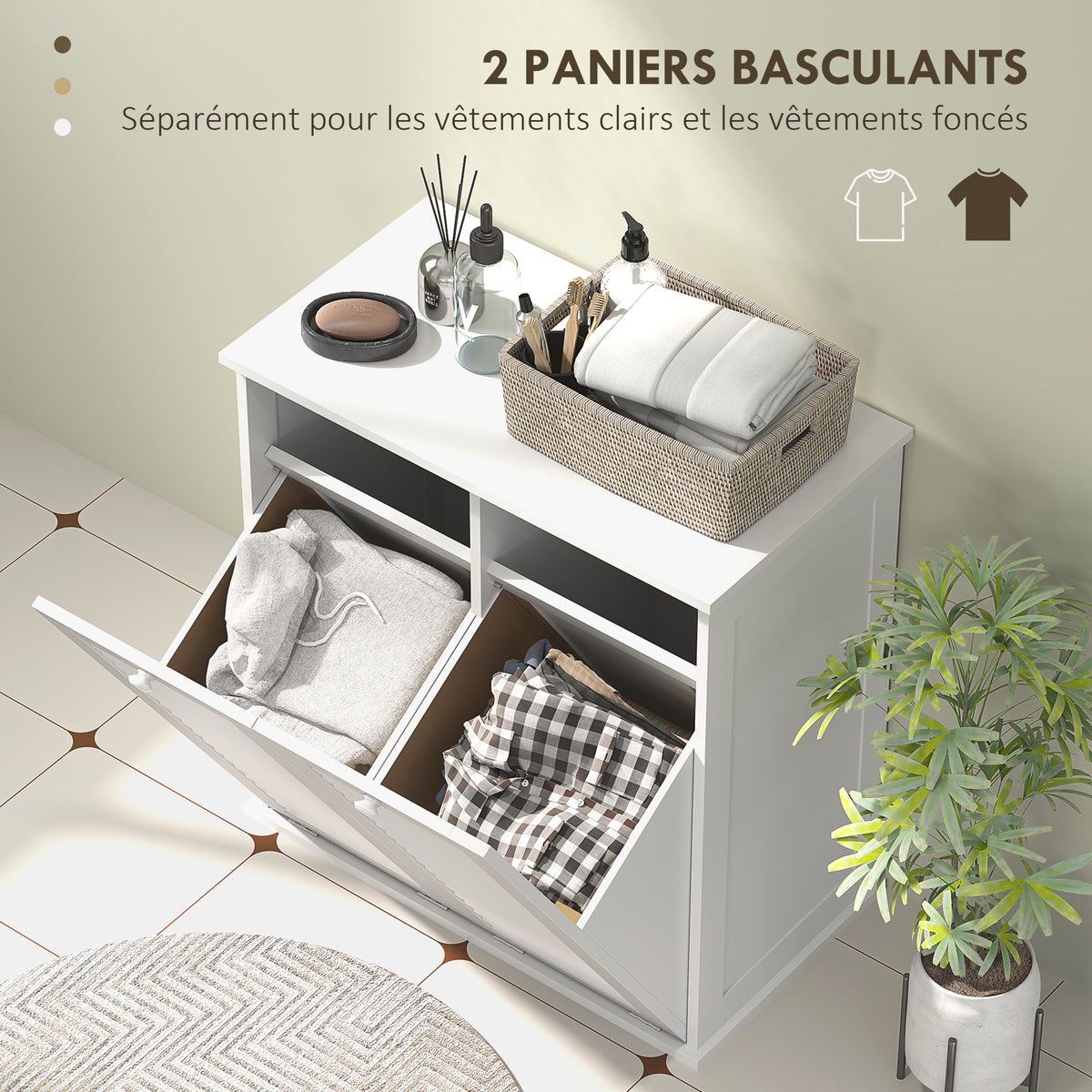 Meuble salle de bain avec panier à linge armoire salle de bain en bois portes persiennes 2 paniers 70 x 38 x 73 cm blanc