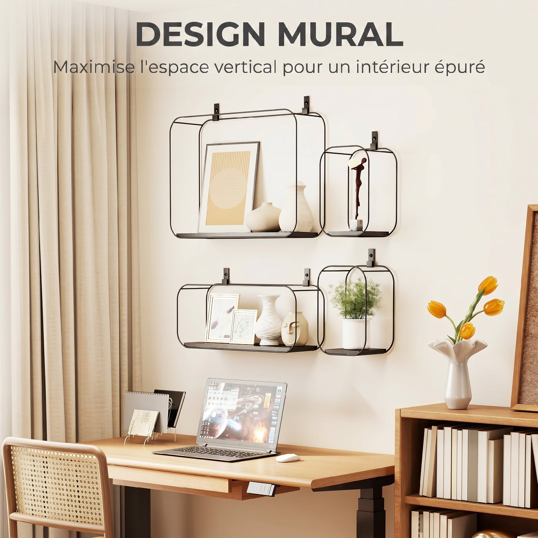 Lot de 4 étagères murales industrielles, étagères flottantes géométriques en métal, pour salon, chambre et bureau, noir