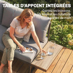 Salon de jardin extérieur 6 personnes modulable table basse et plateaux latéraux en bois PSPC coussins épais 10cm gris