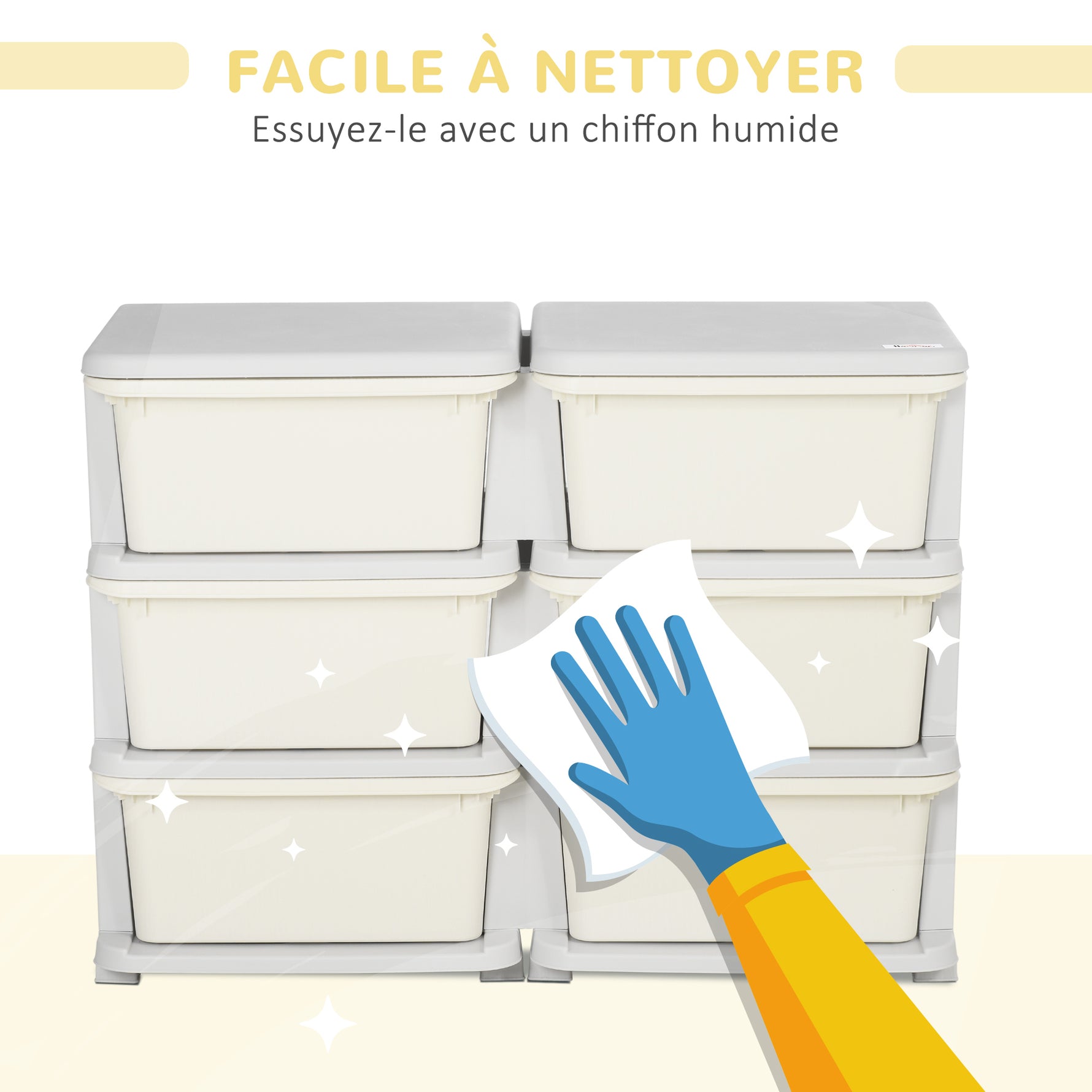 Organisateur de jouets pour enfants à 3 niveaux avec 6 tiroirs, boîtes de rangement en plastique, 75x37x56,5cm, crème