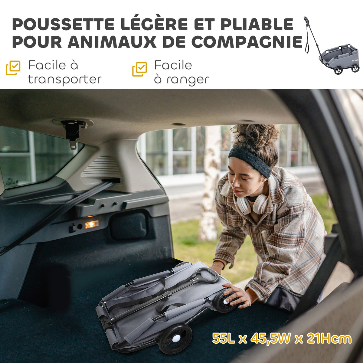 Poussette pour chien poussette petit chien pliable à 4 roues avec tige de poussée réglable 53 x 45 x 28 cm gris