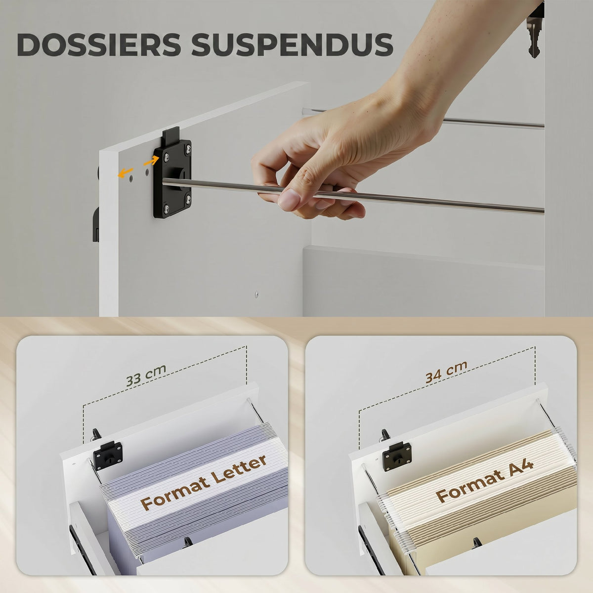 Caisson bureau mobile à 2 tiroirs, meuble rangement bureau sur roulettes pour documents suspendus format lettre, blanc