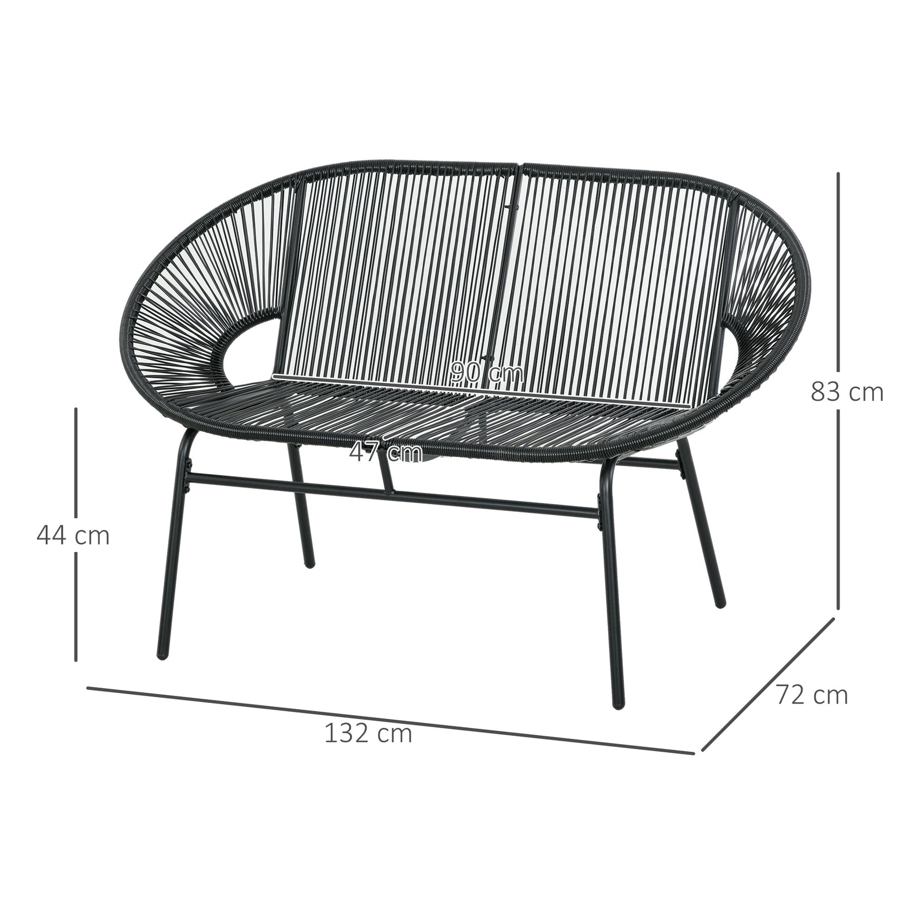Banquette banc de jardin 2 places en métal et cordage en résine avec 2 coussins - dim. 132L x 72l x 83H cm - noir