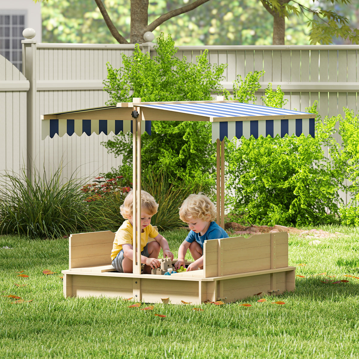 Bac à sable carré en bois pour enfants dim. 106L x 106l cm avec bancs et couvercle - auvent réglable