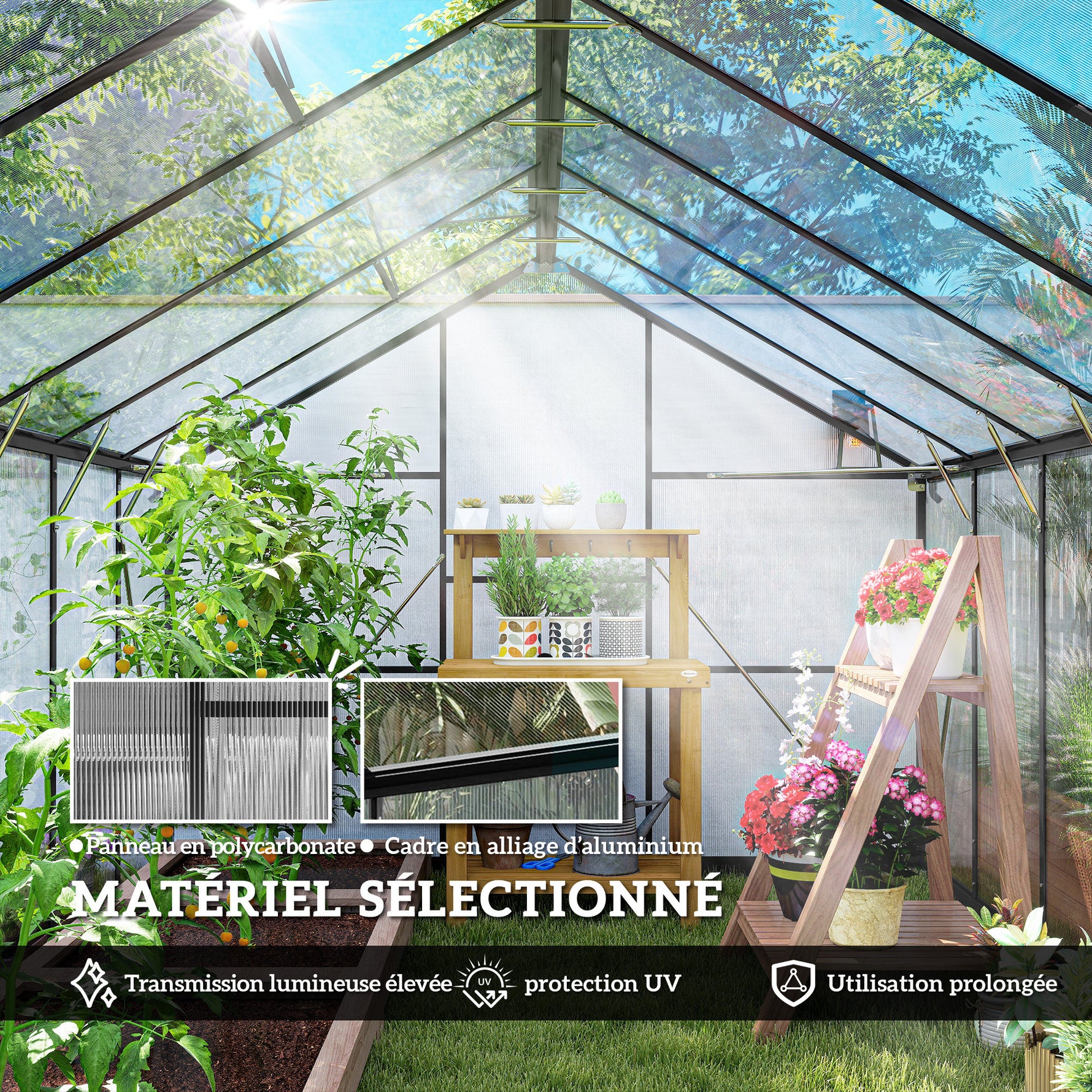 Serre de jardin en aluminium polycarbonate, serre avec fenêtres supérieures réglables 363x247x205cm noir