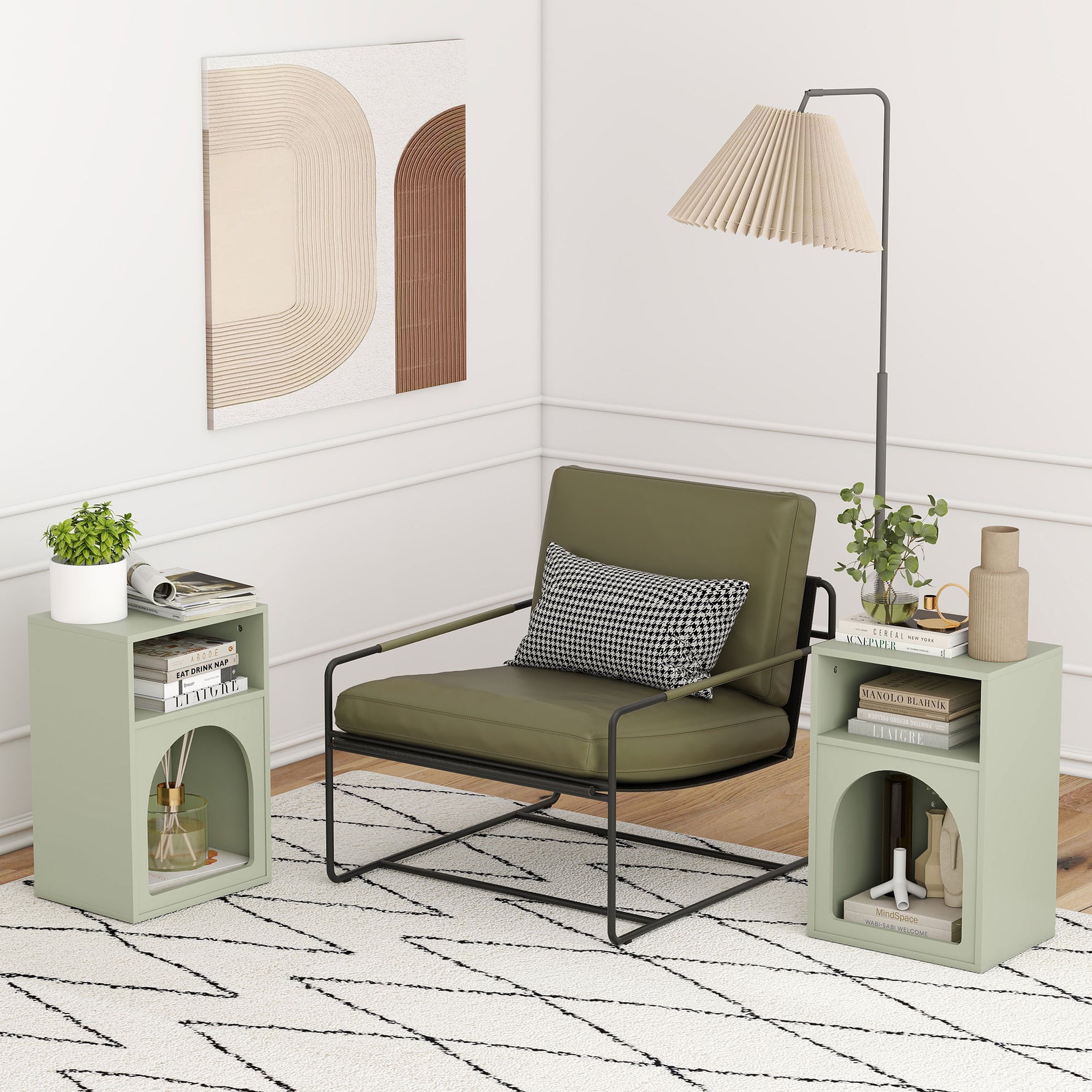 Lot de 2 tables de chevet, table de nuit avec compartiments ouverts, design arqué, 40 x 30 x 60 cm, vert clair