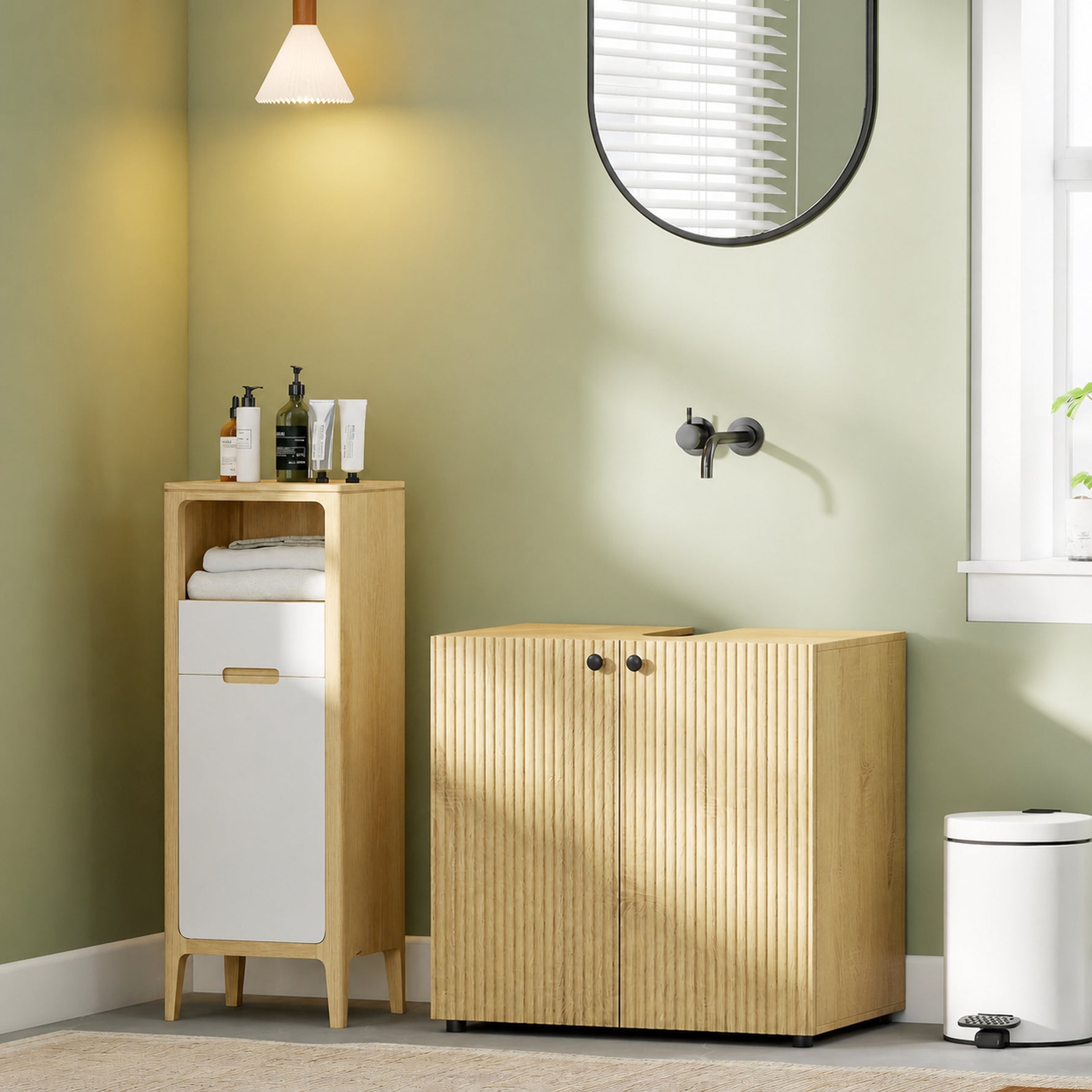 Meuble sous lavabo, meuble de salle de bain 2 portes à fermeture amortie, étagère réglable, 60x39,8x58,5cm, bois naturel