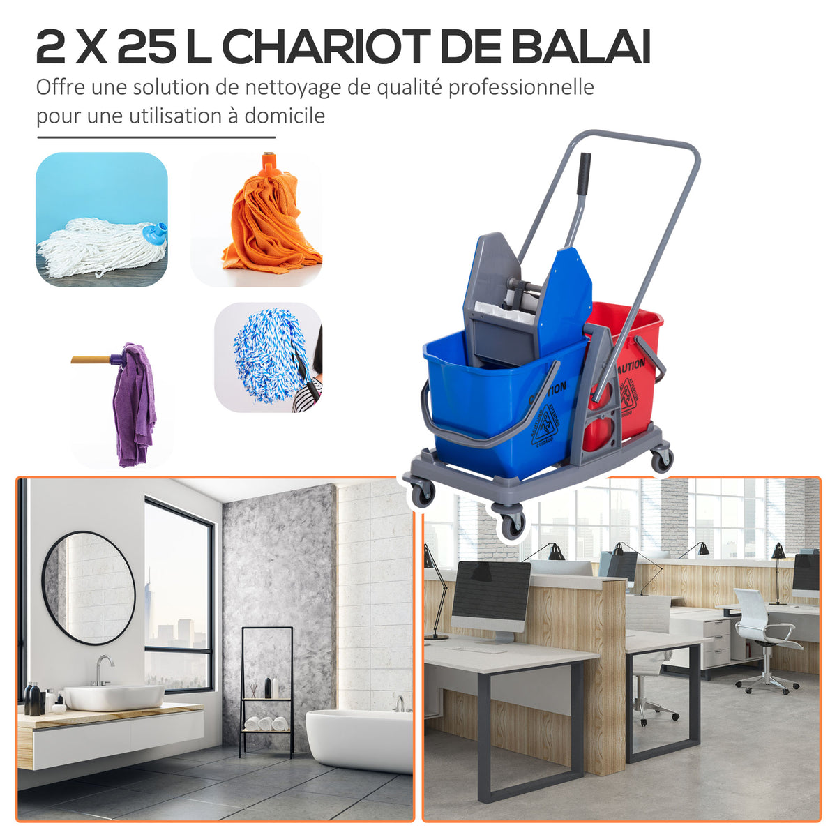Professioneller Reinigungswagen mit Backenpresse, 2 Eimern à 25 l, 73 L × 45 B × 92 H cm, Kunststoff, grau/blau/rot