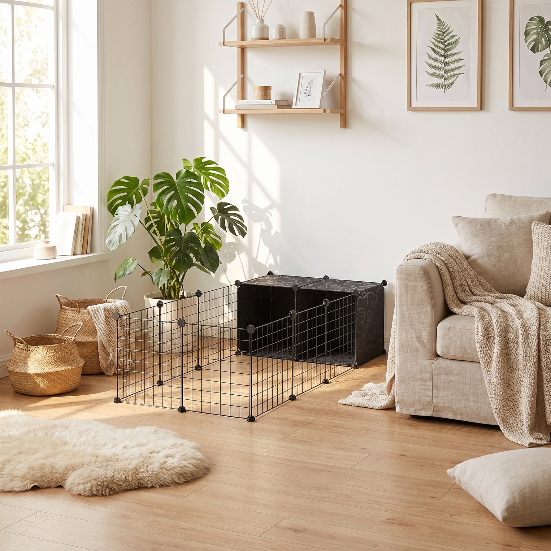 Enclos pour petits animaux, cage à lapin modulable 31 panneaux avec niches surélevées, en acier, 140x70x52cm, noir